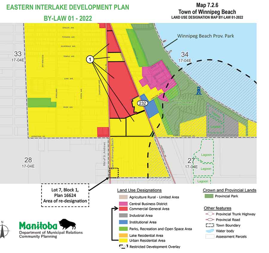 A request to re-designate a parcel of land in Winnipeg Beach will affect the area outlined in the black dashed line. A public hearing will be held on April 2