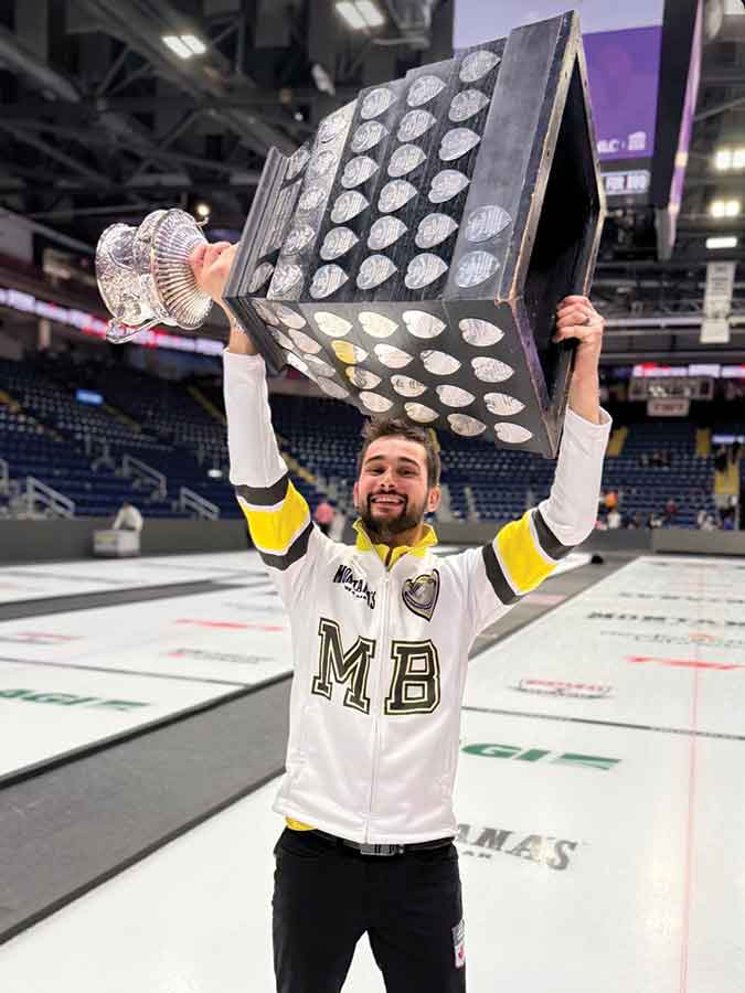 Gimli’s Colton Lott raises the Brier Tankard after Team Manitoba, skipped by Matt Dunstone, defeated Alberta’s Kevin Koe 6-3 to win the 2026 Montana’s Brier on Sunday in St. John’s, N.L. Lott played third for the championship rink, which will now represent Canada at the LGT World Men’s Curling Championship March 27 to April 4 in Ogden, Utah