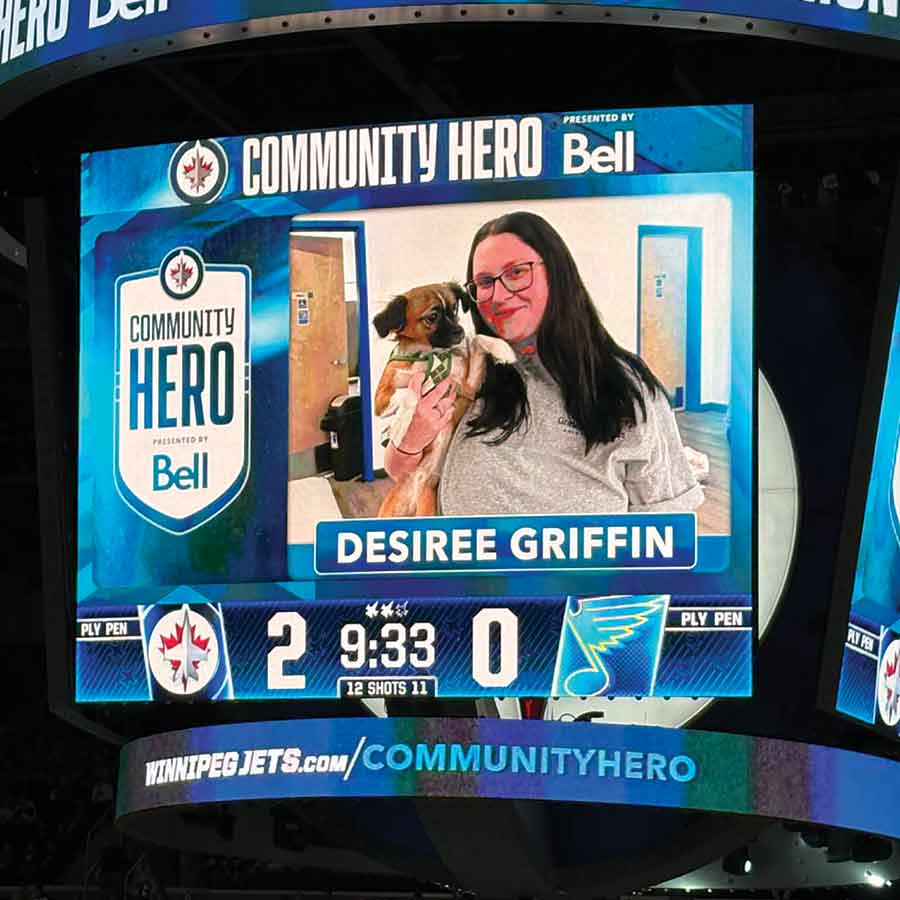 Stonewall’s Desiree, founder of Grateful Friends Animal Rescue, was recognized as a Community Hero during a Winnipeg Jets game for her volunteer work rescuing and caring for animals across Manitoba