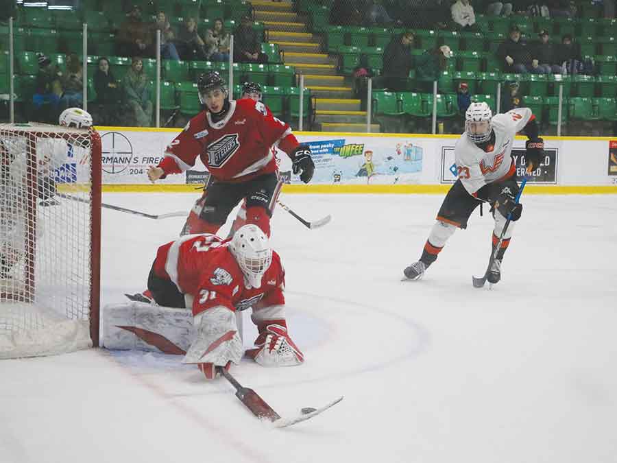 Selkirk Steelers goaltender Hudson Hunnie stopped 24 shots in the 6–2 loss to the Winkler Flyers last Friday night in Selkirk