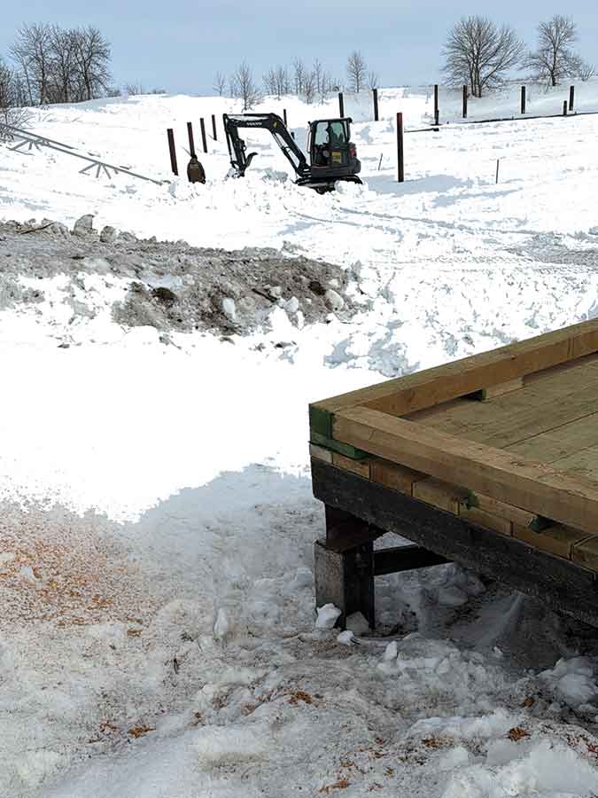 New dock sections are installed at the Winnipeg Beach marina as crews continue work on a federally funded harbour rehabilitation project. Final alignment will take place once ice conditions allow