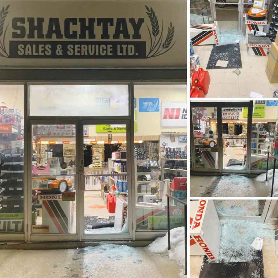 Shattered glass is seen at the entrance of Shachtay Sales & Service Ltd. in Arborg after an early-morning break-in on Sunday. Several generators, chainsaws and other equipment were reported stolen