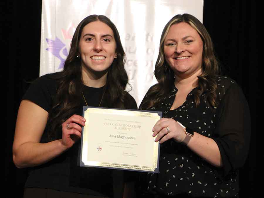 Scholarship recipient Julie Magnusson with presenter Amanda Asham, president of the Manitoba Association of Resource Teachers