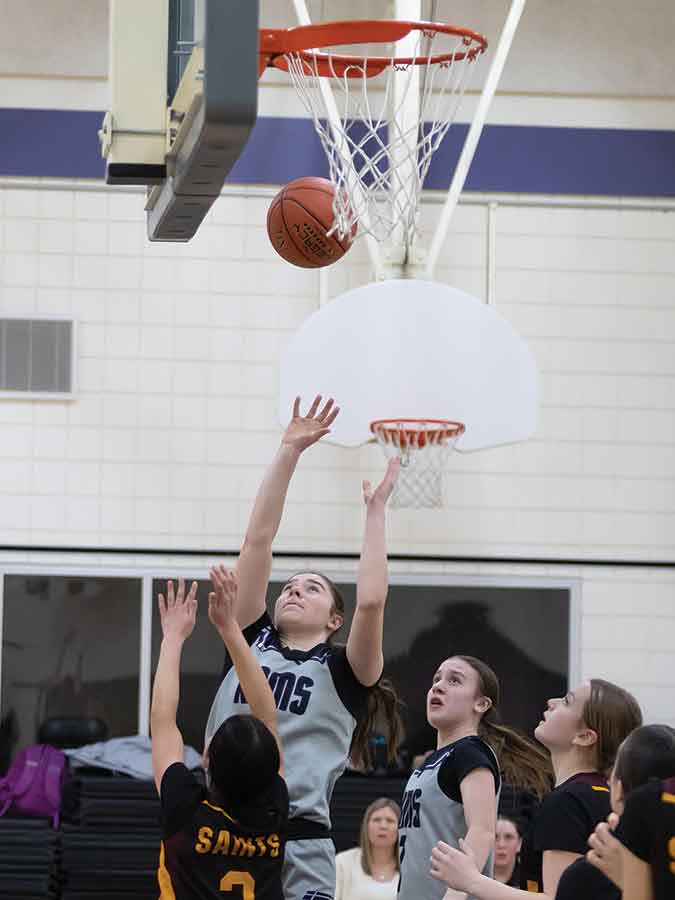 Stonewall Rams’ JV girls’ Katie Braid is one of her team’s top scorers. The Rams defeated the Portage Saints 53-26 in Stonewall on Feb. 17