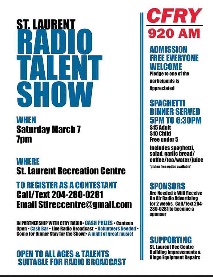 Come to the St. Laurent Co-op Rec Centre on March 7 at 7 p.m. in support of their inaugural CFRY Amateur Radio Talent Night. Performer registration remains open until March 1. The Rec Centre is also hosting a community spaghetti dinner from 5 to 6:30 p.m. ahead of the show