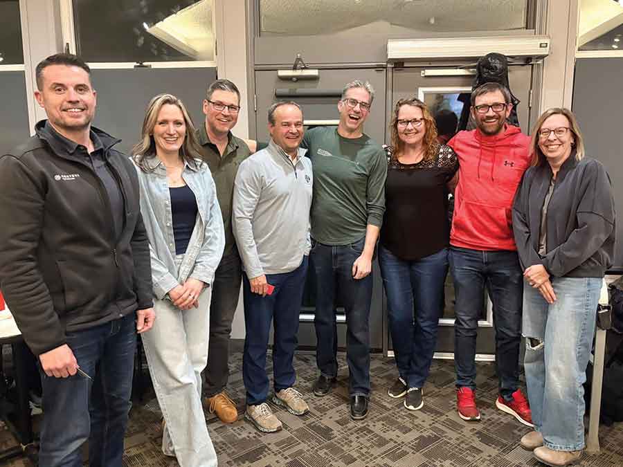Members of Team Trebek Rejects, led by April North, celebrate after winning the Carman Handi-van’s annual fundraising quiz night held at the Carman Golf & Curling Club. Pictured left to right, Randy Gates, Jen Gates, Mike Hutton, Dean North, Kyle MacNair, Holly Wiebe, Ben Wiebe, April North