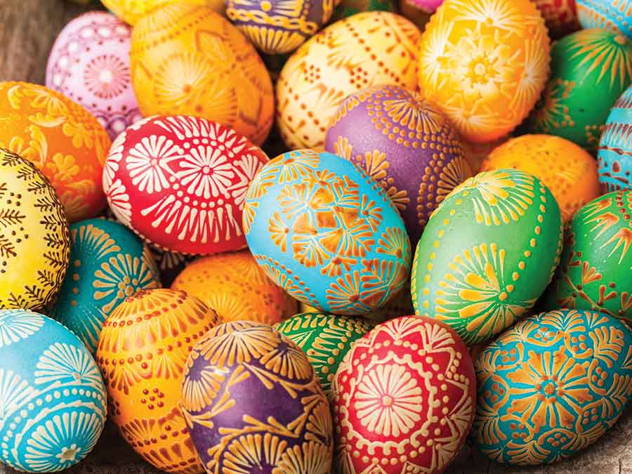 Traditional Ukrainian pysanky eggs display intricate patterns and vibrant colours created using a wax-resist dyeing technique passed down through generations