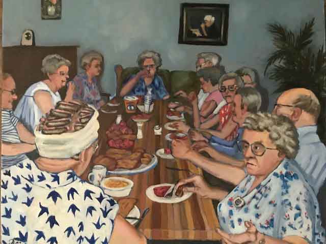 Bev Friesen tries to capture a moment of time in each of her pieces, which often focus on everyday people. “Faspa in Curlers.”