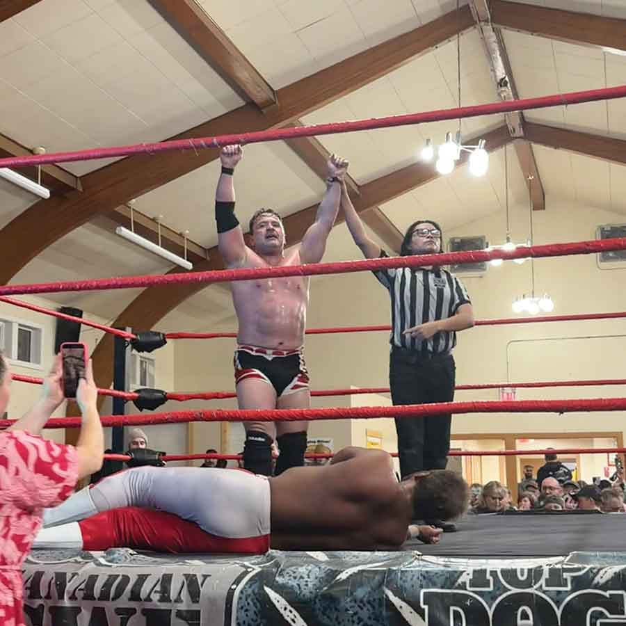 Matt Evans aka “Bring the Pain” Matt Fairlane def. “Hotshot” Danny Duggan in the main event of Canadian Wrestling’s Elite Matt Fairlane Retirement Match card on Saturday, March 7 at Selkirk Memorial Hall