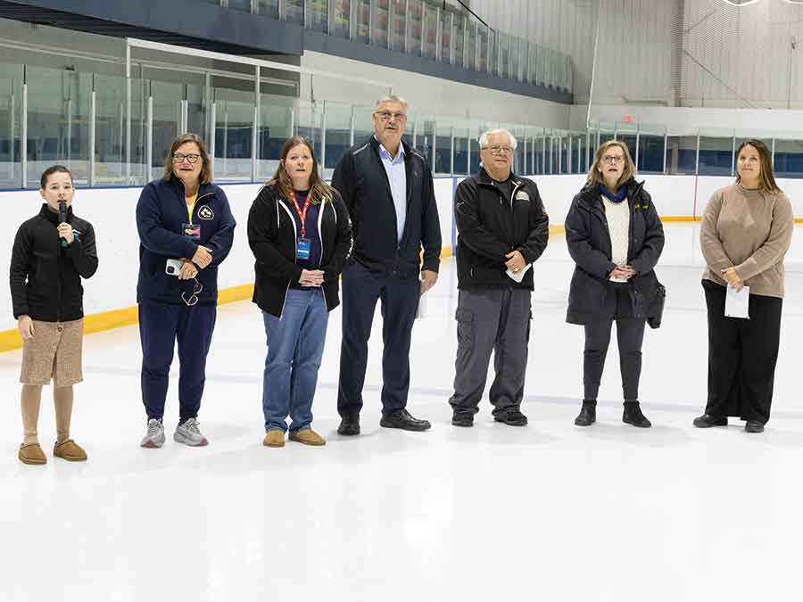 Local dignitaries, organizers and a Skate Manitoba representative gathered for the official opening ceremony of the 2026 Skate Manitoba Provincials. Pictured, left to right: Skate Stony Mountain’s Ava Yurick, Shannon Roy and Nicole Shymko, Lakeside MLA Trevor King, Stonewall councillor Ron Maryniuk, Rockwood councillor Debbie Pansky and Skate Manitoba representative Amber Lotz