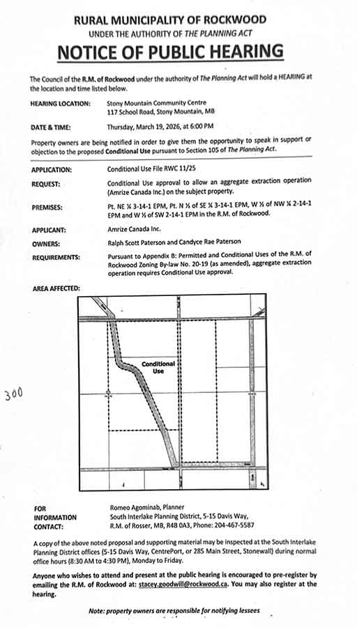 A map from the South Interlake Planning District shows the proposed location of a new aggregate extraction operation sought by Amrize Canada Inc. between Road 78N and Road 79N in the RM of Rockwood