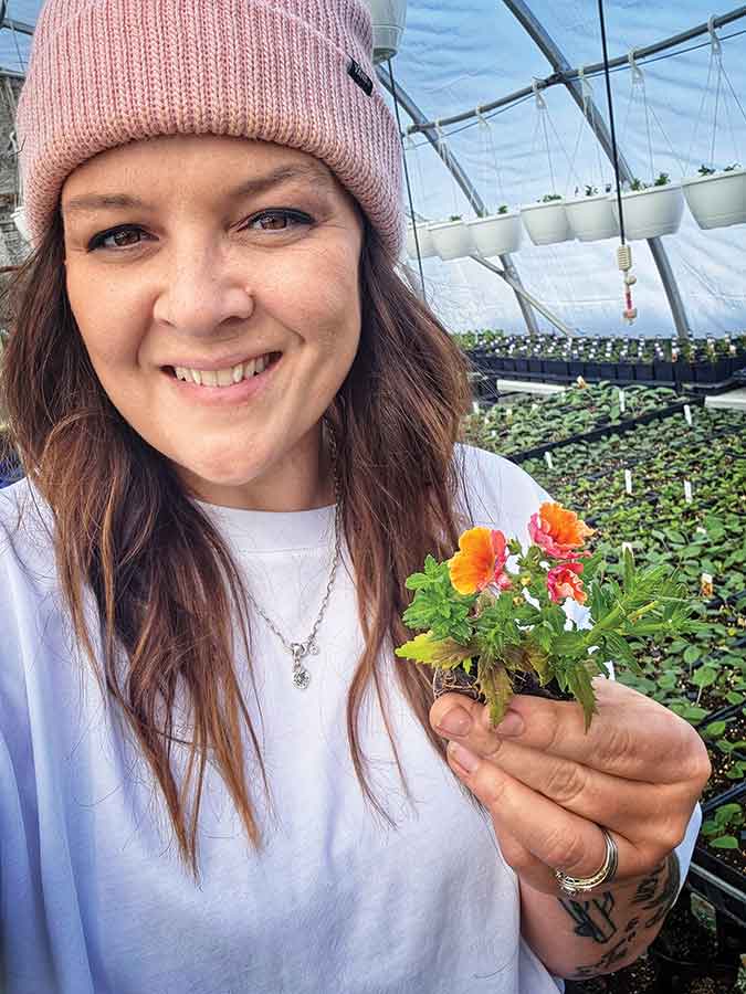 Michelle Thomson holds one of the thousands of plants beginning to flower inside the greenhouses