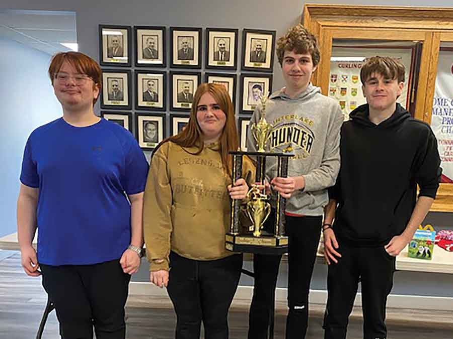 Stonewall’s Spencer Goddard, Evan Searcy, Camryn Lecoq and Andrew Sheldon captured the B event title at the Junior Interlake Interclub League finals held March 15 in East St. Paul