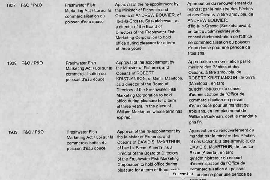 The text of Robert T. Kristjanson’s appointment as director of the Freshwater Fish Marketing Corporation’s board of directors is shown. Kristjanson is noted as serving a three-year term. His appointment was extended by about two years and was acknowledged upon his retirement as having served five years by minister Robert Thibault