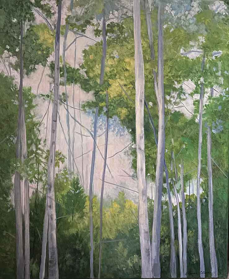 Clerc often focuses on nature, landscapes and skylines in her paintings. These two pieces were created using reference photos she took while travelling across Canada