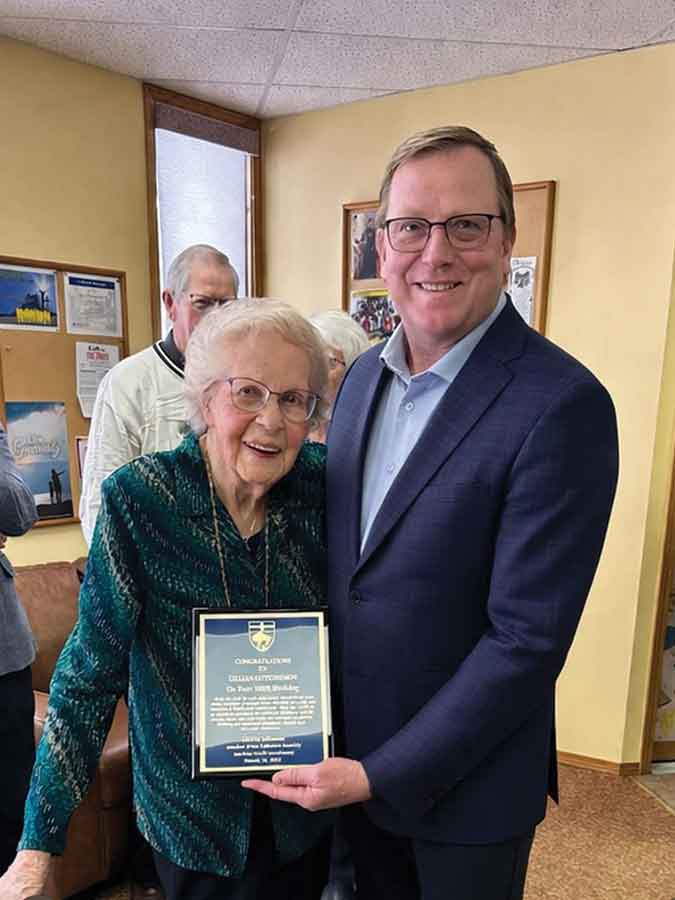Interlake-Gimli MLA Derek Johnson presents a plaque to Lillian Gudmundson in honour of her 100th birthday on March 23