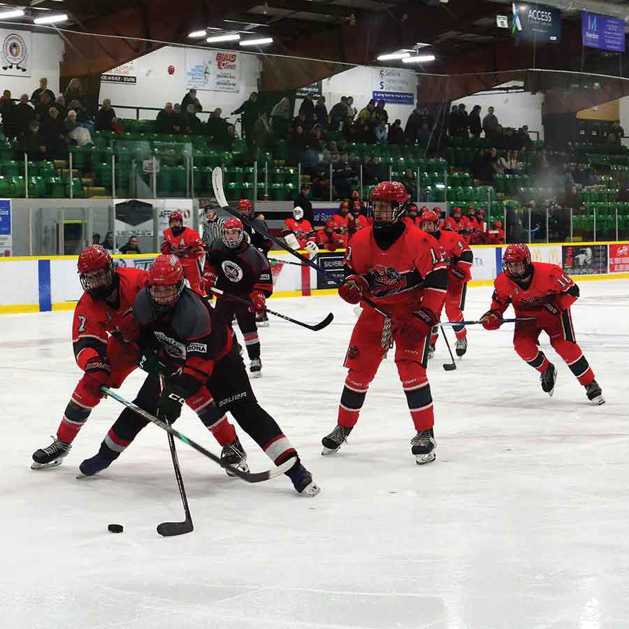 Selkirk’s Gaven Berry looks to fend off a La Broquerie scoring chance. Berry recorded an assist in Selkirk’s 3-2 victory on Friday at the HyLife Centre