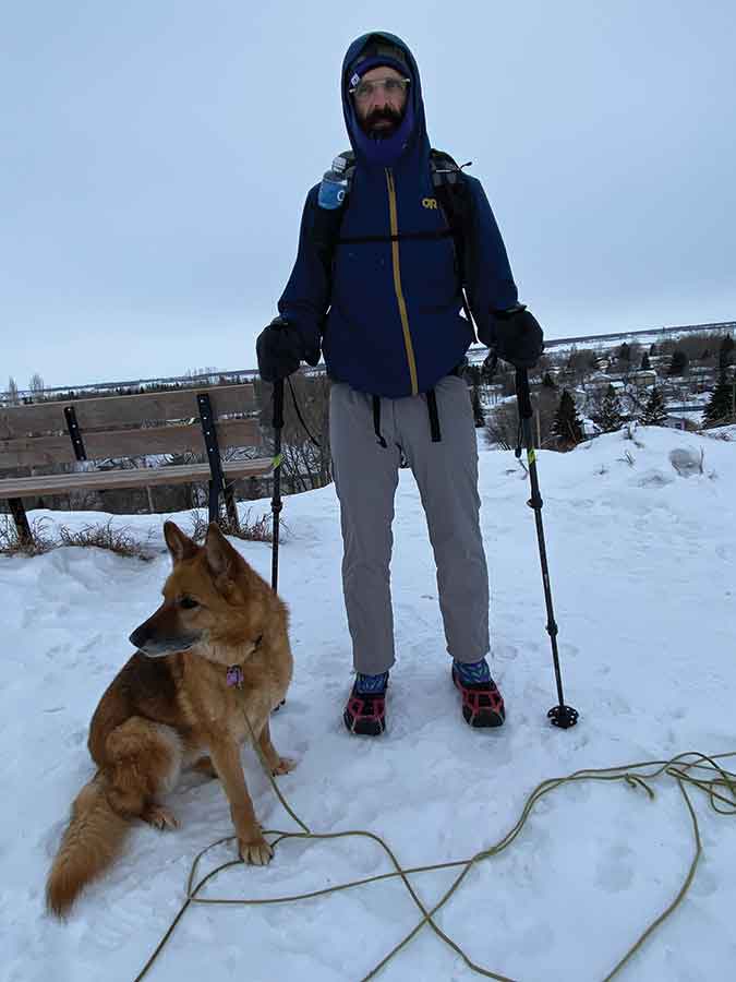 Rockwood’s Peter Derksen is hiking 4,625 kilometres from the United States-Mexico border to British Columbia along the Pacific Crest Trail while raising funds for Ukraine. Pictured is Derksen training at Pikes Peak in Stony Mountain with all of his gear and his dog, Bella