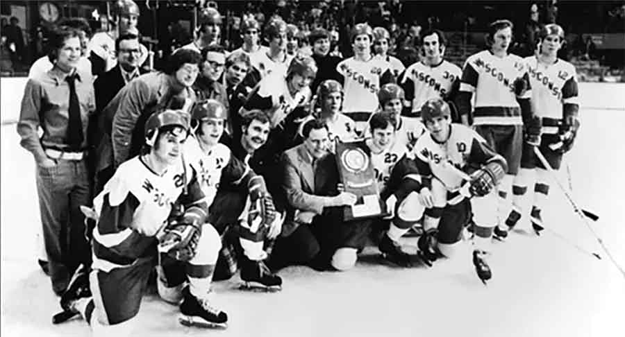 Don Deprez (second from right) is pictured in 1973 with fellow attendees, including Dennis Olmstead, son of NHL legend Bert Olmstead, during the NCAA championship weekend in Las Vegas
