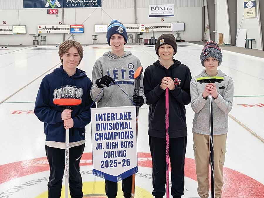 The Stonewall boys team — Anton Sowa (lead), Cooper Dickey (third), Jase Gillespie (second) and Thomas Moffat (skip)