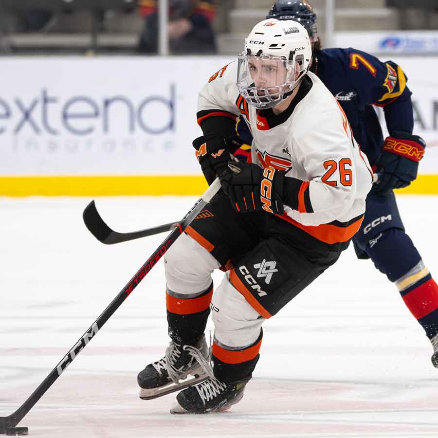 Niklas Gudmundson leads the charge up the ice. He was the Flyers’ scoring leader in the playoff series against the Nighthawks