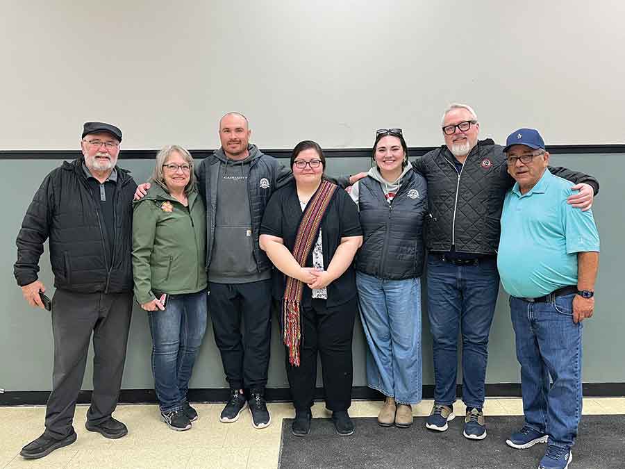 The new Selkirk Red River Métis Local team was welcomed by the Interlake Métis Federation. Pictured left to right: Alfred ‘Bucky’ Anderson, Vice President of the Interlake Region; Mona Buors, Interlake Regional Executive; new Selkirk Red River Métis Local Chair, Jesse Vogen; Secretary, Dyana Lavallee; Treasurer, Kyra De La Ronde; Vice Chair, Brad Hirst; and Jack Park, Interlake Regional Administrator