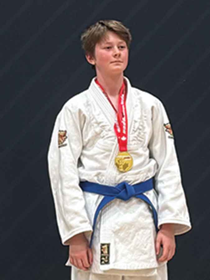 Avery Wakeham of the Balmoral Judo Club poses with his medal after competing in the U16 male -55 kg division at the Nakamura Open Judo Tournament in Winnipeg on May 1