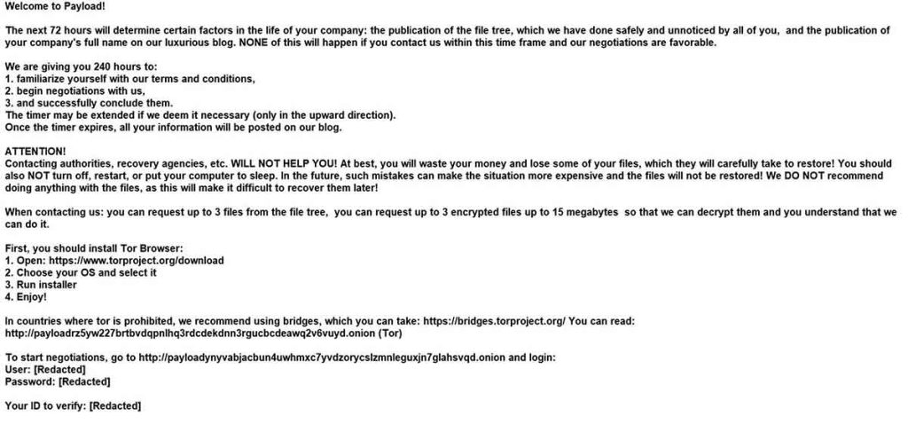 One of the ransom notes the hacker group Payload sends to its victims