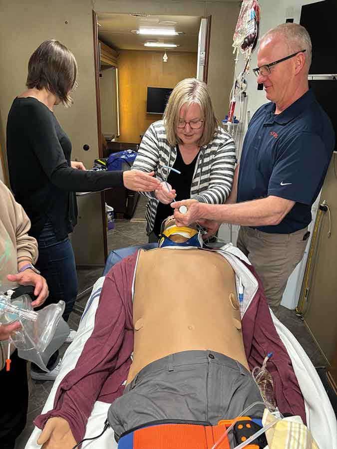 Health-care staff at Carman Memorial Hospital practised airway management and other critical care procedures using realistic equipment while preparing for scenarios where patients must be stabilized before air ambulance transport