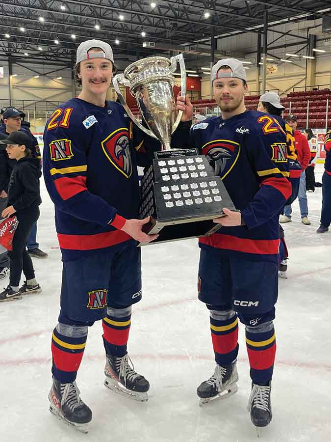 Niverville Nighthawks forwards Dawson Zeller (left) and Hayden Wheddon (right) with the Turnbull Cup