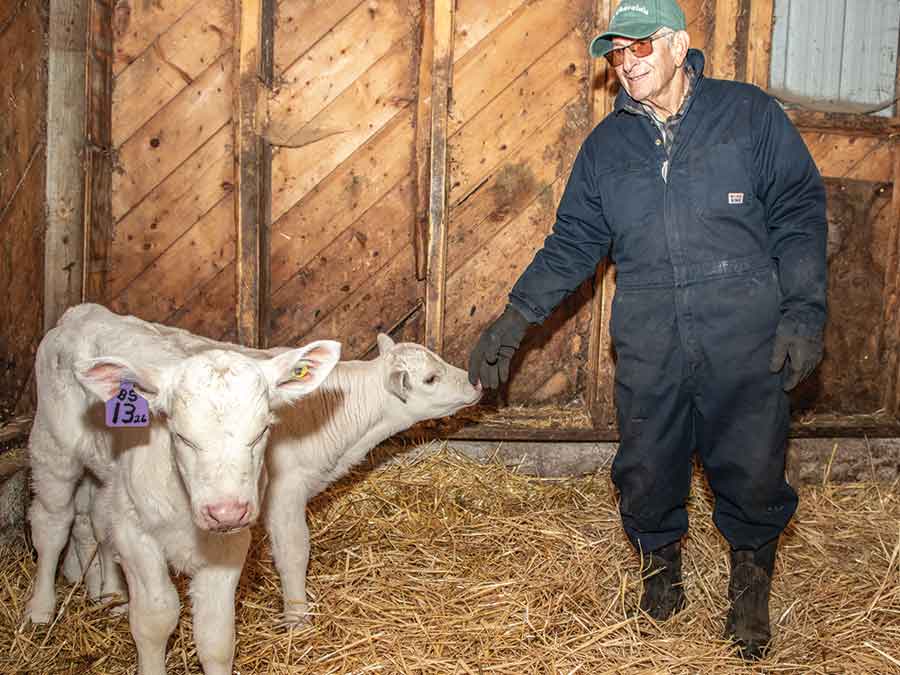 Ted Sumka poses with the twin calves born nearly a week apart on his family farm in Rembrandt, a rare occurrence he describes as “nothing short of a miracle” after more than 60 years in cattle farming