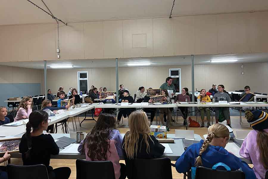 Balmoral 4-H members examine informational bee frames and displays lent by Bee Maid