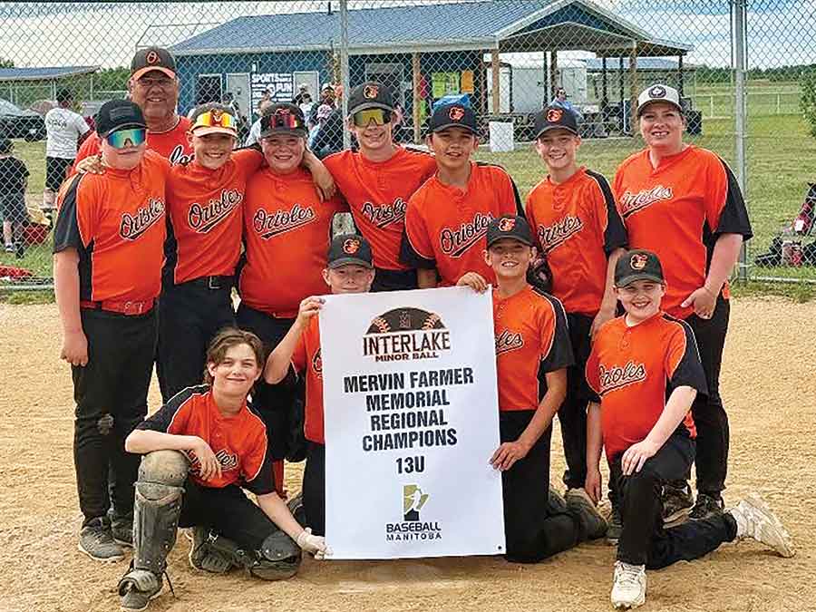 The Balmoral Orioles captured the 13U championship banner after defeating Grosse Isle in the finals of the Mervin Farmer Memorial Regional Championship.Pictured left to right, back row: Wyatt Brennan, Jason Kirby (coach), Eric Kirby, Jonas Nordin, Easton Florence, Mason Jupp, Luke Mauthe and Elissa Nordin (coach). Front: Blaze Pike, Kade Lucier, Jaxson Tronrud and Liam Blowers