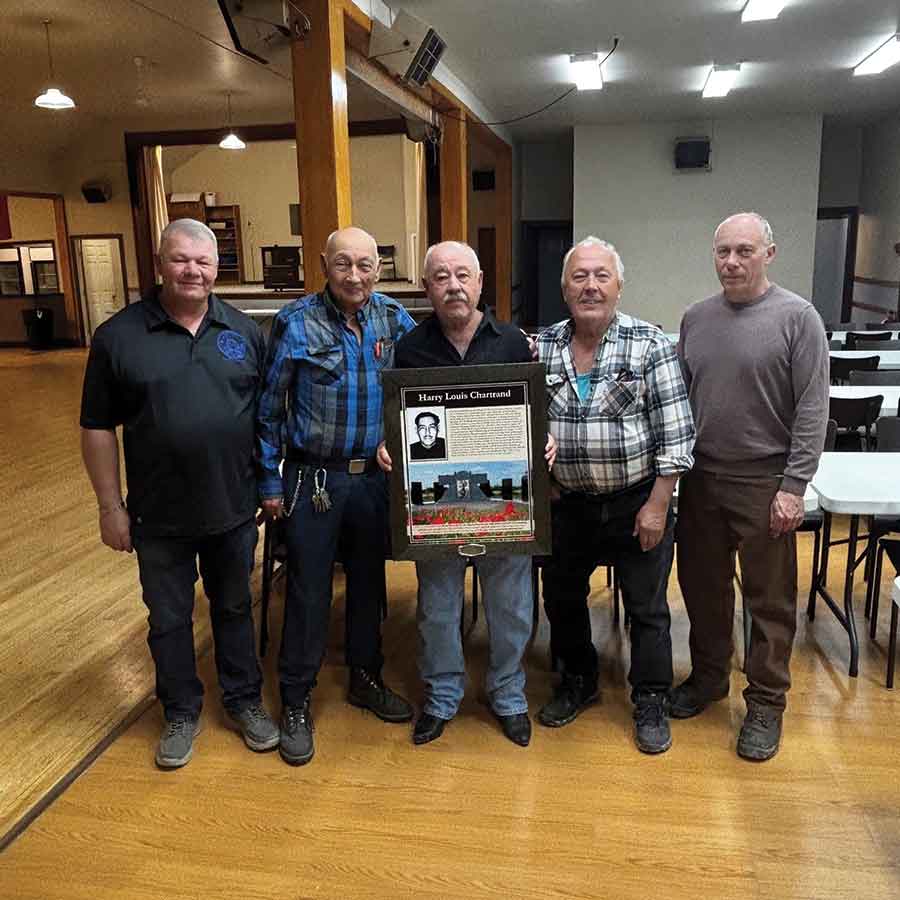 Councillor Sonny Rohne, Roy, Victor and Brian Chartrand and Inwood Hall President Bill Mott