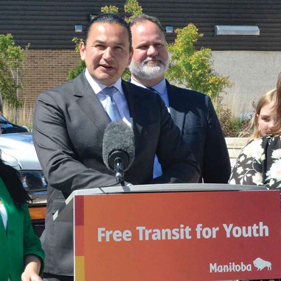 Wab Kinew announcing the free transit for youth under 18 in Selkirk starting in September