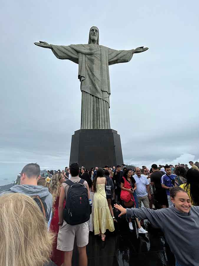 The statue of Christ the Redeemer in Rio de Janeiro. It stands 30 metres tall, and the arms stretch 28 metres wide