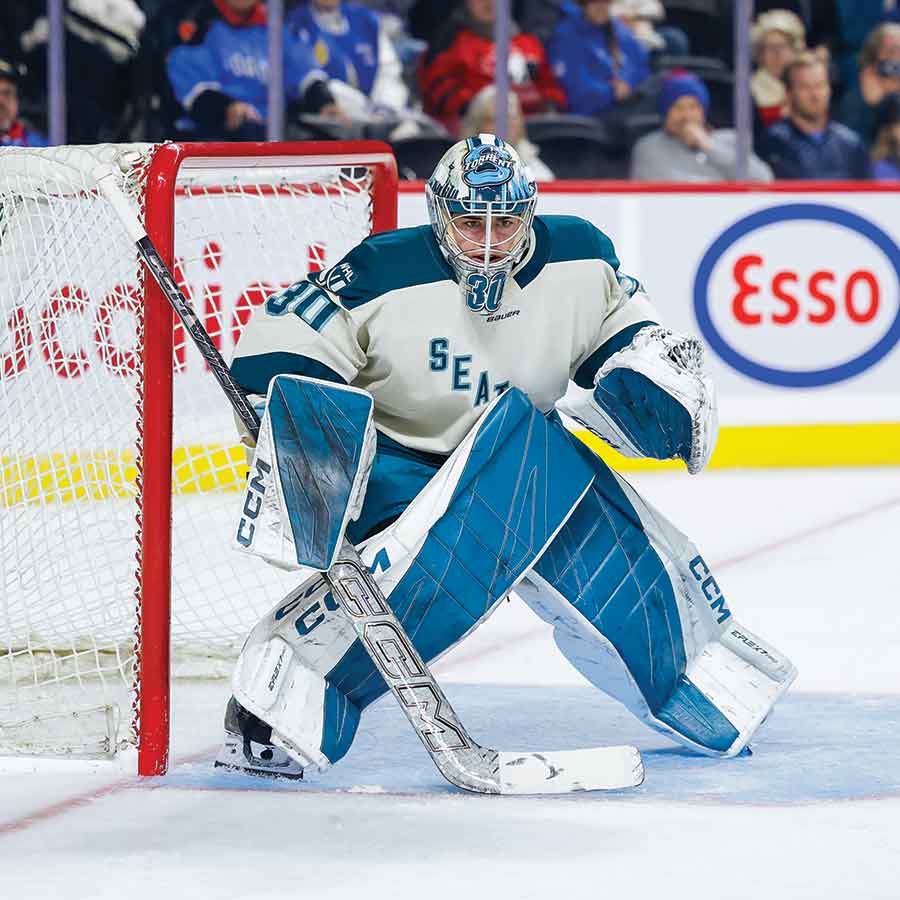Elm Creek native Corinne Schroeder tracks the play for the Seattle Torrent during the 2025-26 PWHL season. The veteran goaltender recently signed with expansion franchise San Jose after posting a career .921 save percentage and establishing herself as one of the league’s top netminders
