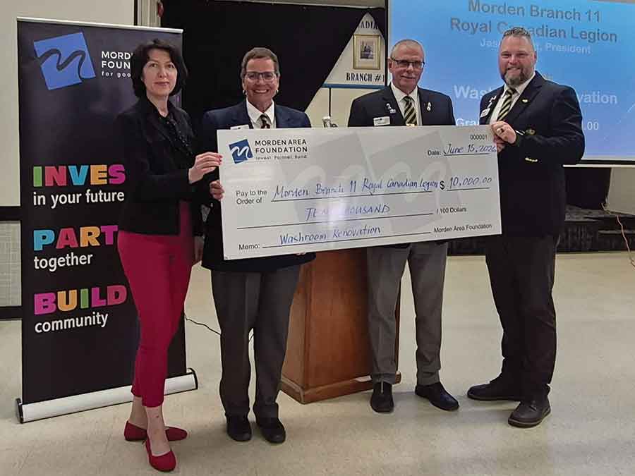 The Morden Area Foundation’s Sasha Oleksandra presented a $10,000 grant to the Morden Legion’s Deanna Douglas, Bob Frost, and Jason Evert last week. It’s one of nine new grants the agency handed out this spring