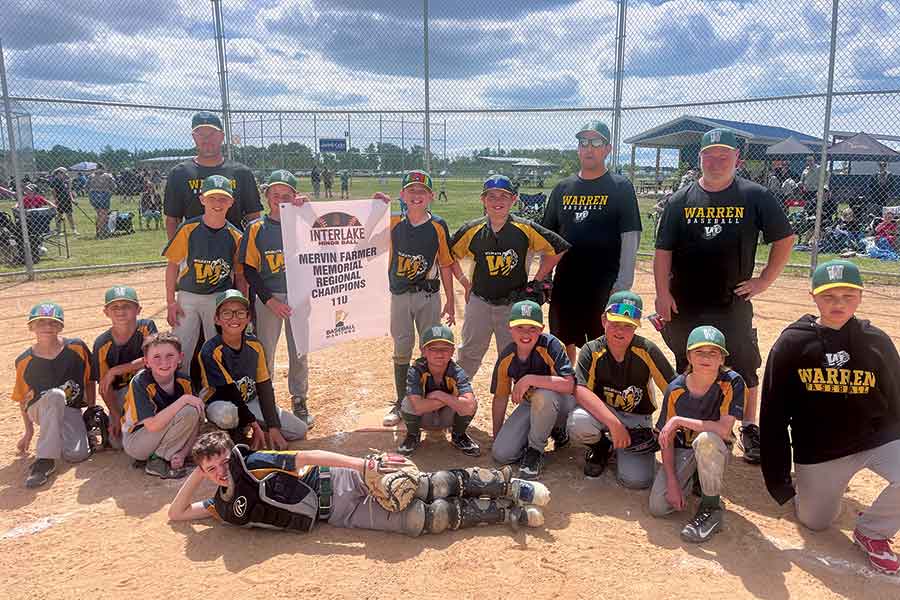 The Warren Wildcats captured the 11U title at the Mervin Farmer Memorial Regional Baseball Championships after defeating Grosse Isle 2-0 in the championship final. Pictured left to right, back row: Brian Briscoe (coach), Evan Balan, Chase Briscoe, Levi MacMillan, Grayson Sveistrup, Alan Fung (coach) and Ryan McMahon (coach). Front row: Maxx Fung, Nixon Heuging, Adam McKinnon, Cam Lavalee-Thang, Owen Dew, Corbin Yaciuk, Blake Nunn, Emmett Walsh and Lachlan Jones. Missing from photo: catcher Tanner Yeo