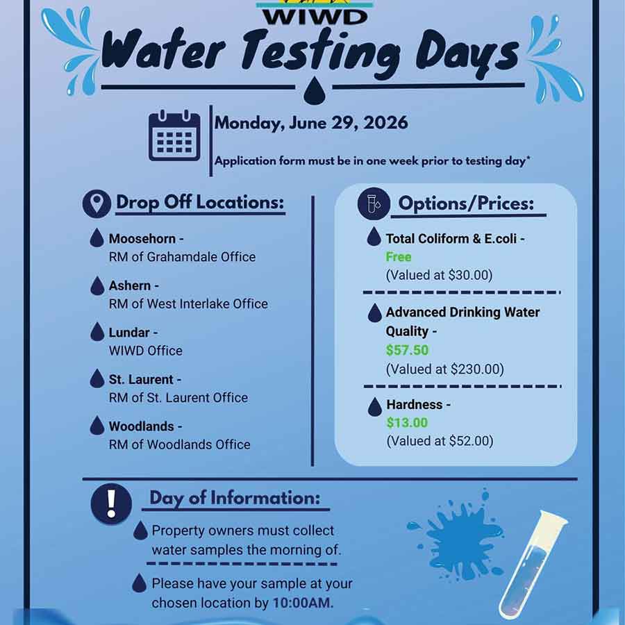 The West Interlake Watershed District is offering subsidized well-water testing for private landowners in Moosehorn, Ashern, Woodlands, St. Laurent and Lundar on June 29. Applications must be received by June 22, and water samples must be dropped off by 10 a.m. on testing day