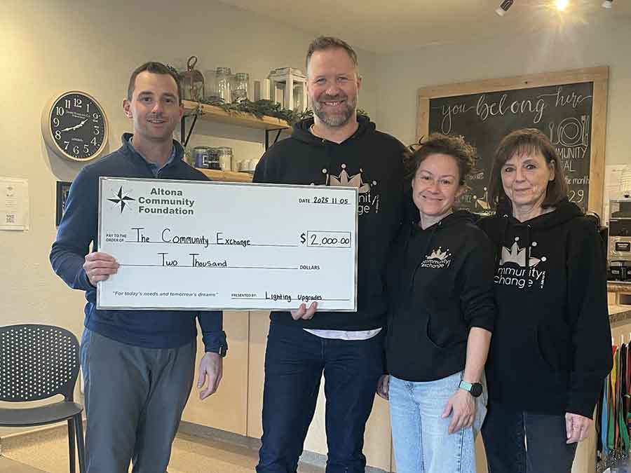Altona Community Foundation president Haydon Friesen (left in both photos) presents reps from the Rhineland Area Food Bank (top) and The Community Exchange (above) with grants. The two agencies are part of 19 community groups and projects that received foundation funding this spring