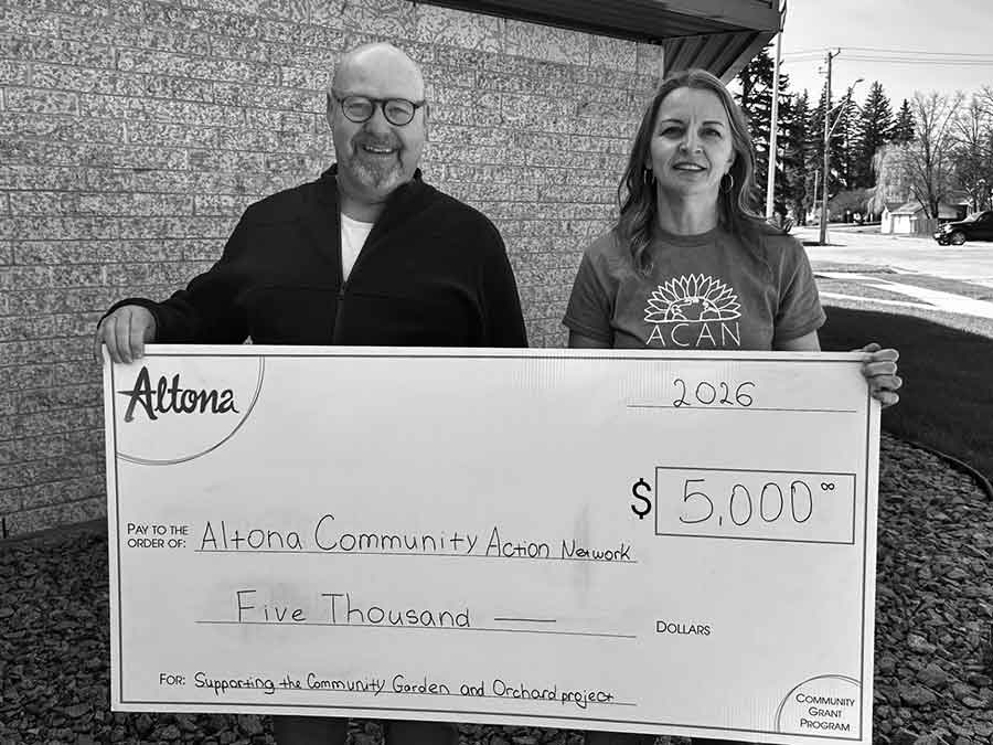 Schroeder presents the Altona Community Action Network’s Joanne Wiebe (above) and The Gardens on Tenth’s Lisa Smiley (right) with their grants