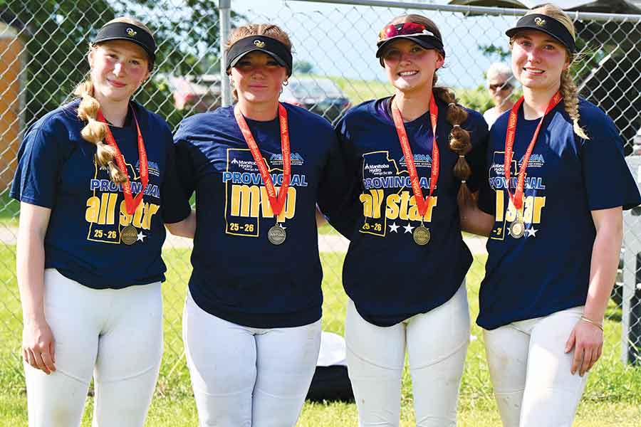 Four Stonewall Rams players earned provincial honours following the Manitoba High Schools Athletic Association provincial softball championship. Pictured from left are provincial all-stars Riley Swanson, Abi Minnie and Kassie Siwak, along with provincial MVP Sierra Slatcher