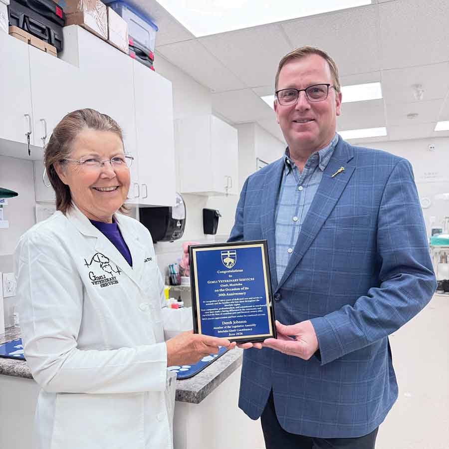 Dr. Lisa Taylor, founder of Gimli Veterinary Services, and Interlake-Gimli MLA Derek Johnson mark the clinic’s 30th anniversary in Gimli