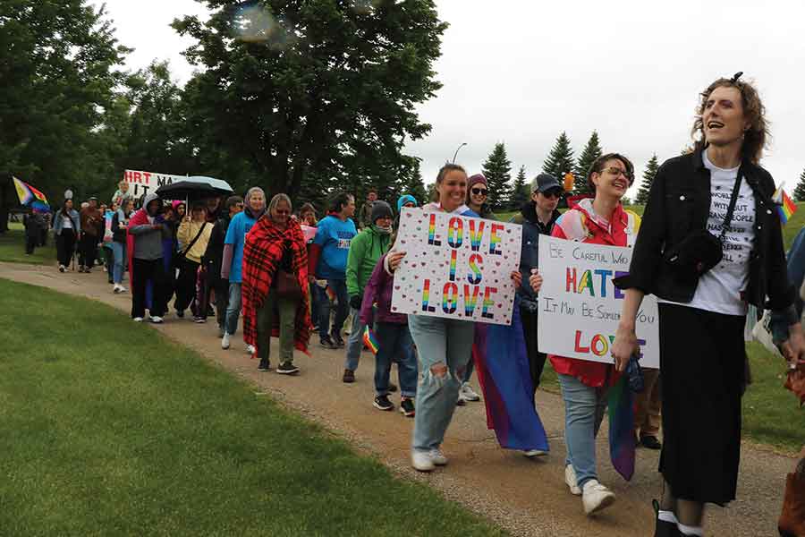 The 2SLGBTQIA+ community came together for the first time in Winkler Saturday to hold a march and rally in celebration of June as Pride Month