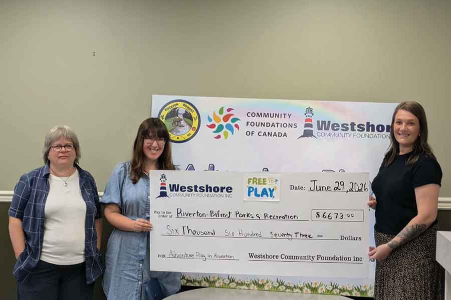 The WCF presents a $6,673 Free to Play grant to the Riverton-Bifrost Parks and Recreation Commission to launch a Summer Pop-Up Adventure Play program encouraging child-led outdoor play. Pictured, Mavis Lewis-Webber, Romanna Klymkiw, and Kyra Toderan (Recreation & Community Development Coordinator Riverton-Bifrost Recreation)